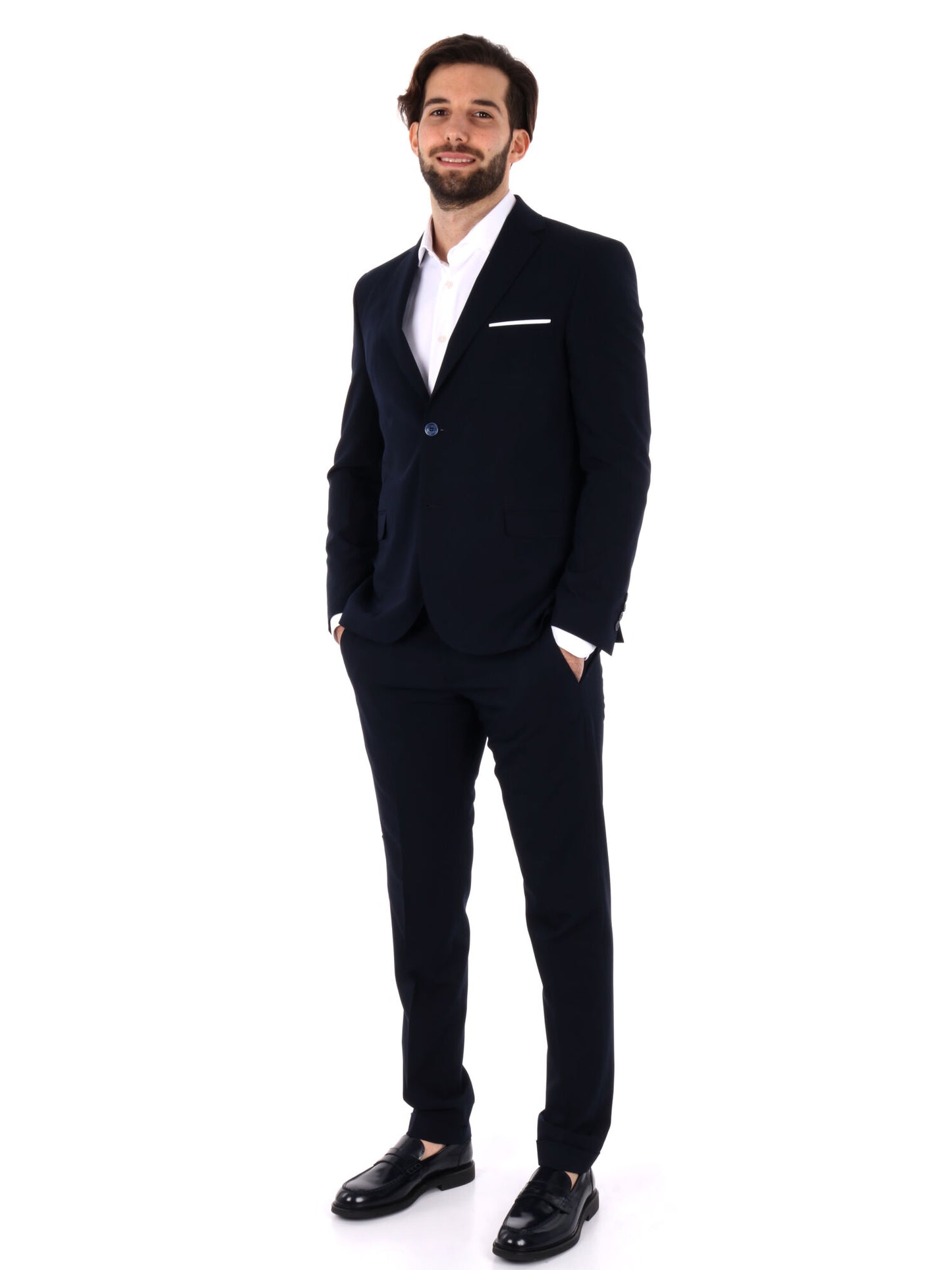 Abito monopetto FB da uomo blu con vestibilità slim e rever classico
