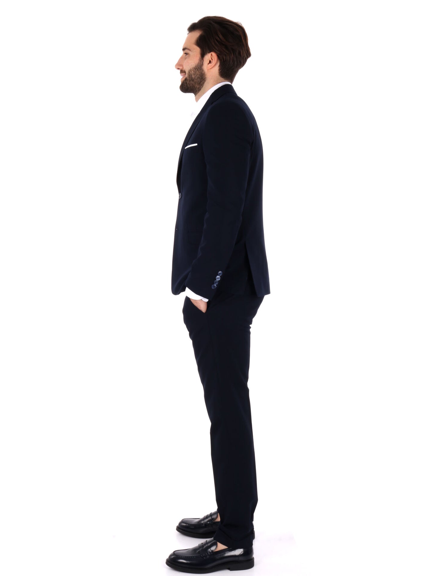 Abito monopetto FB da uomo blu con vestibilità slim e rever classico