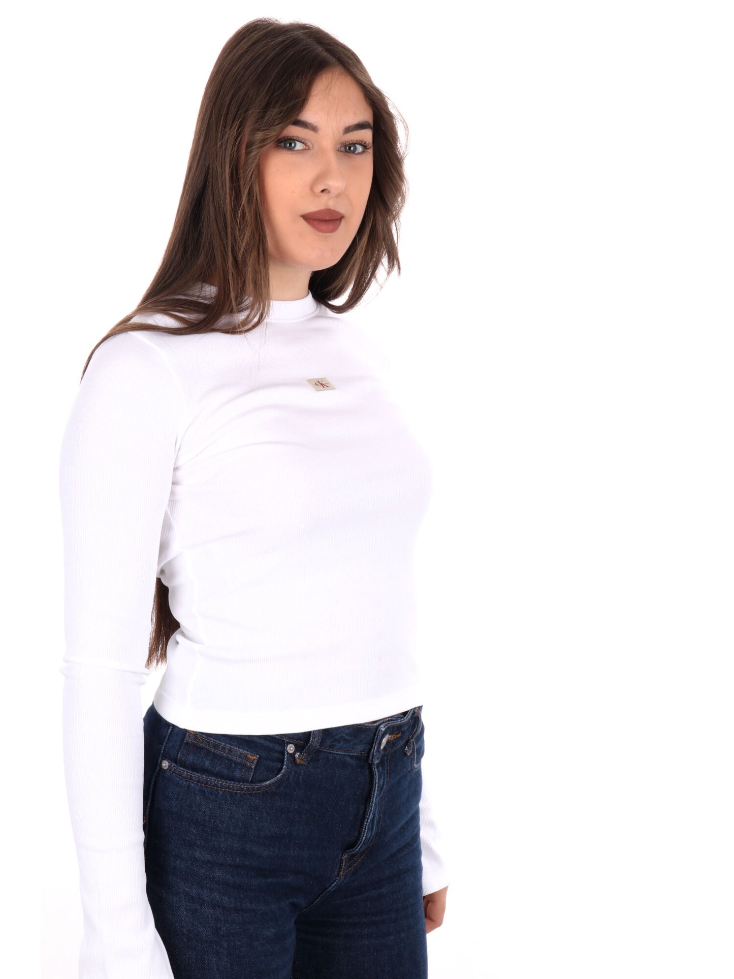 T-SHIRT A COSTINE WOVEN LABEL CALVIN KLEIN JEANS DONNA BIANCO