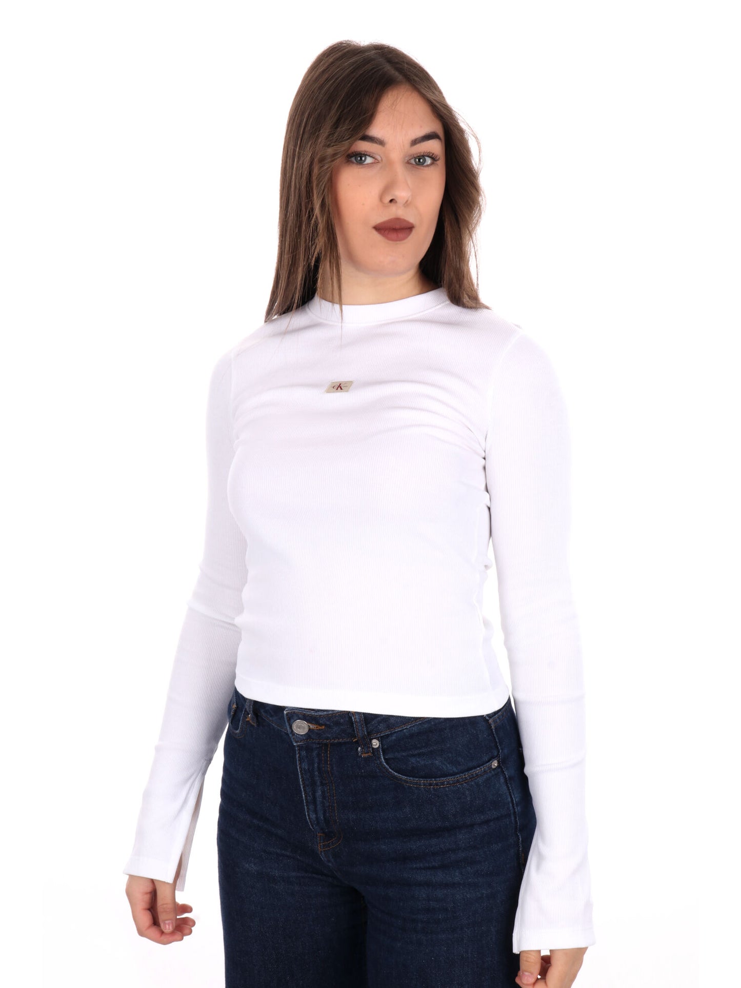 T-SHIRT A COSTINE WOVEN LABEL CALVIN KLEIN JEANS DONNA BIANCO