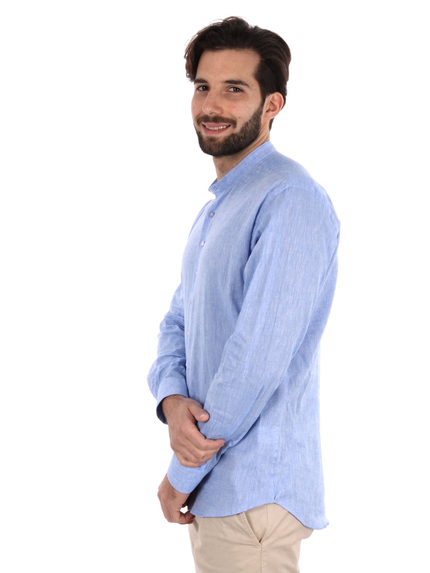 Camicia da uomo FB Maracaibo Core 3 in cotone azzurra con colletto coreano