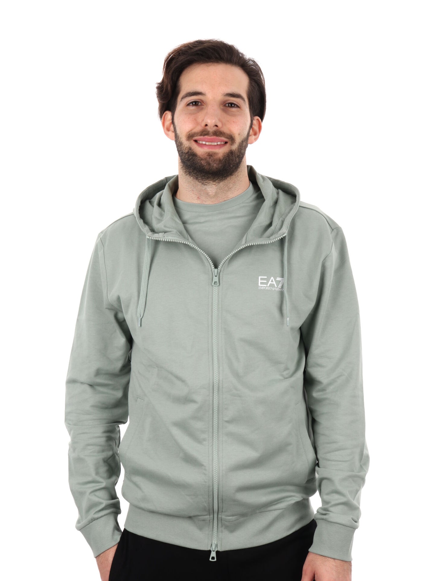 FELPA CON CAPPUCCIO E ZIP CORE IDENTITY EA7 EMPORIO ARMANI UOMO SALVIA