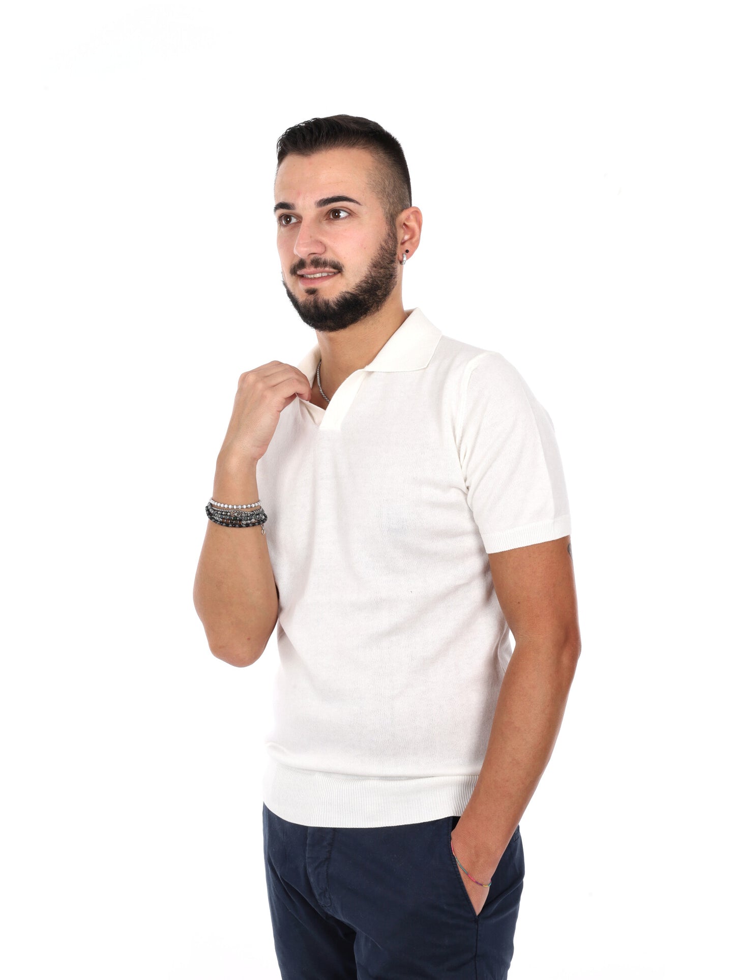 Polo da uomo Agnelli K652 in morbido cotone bianco con collo italiano