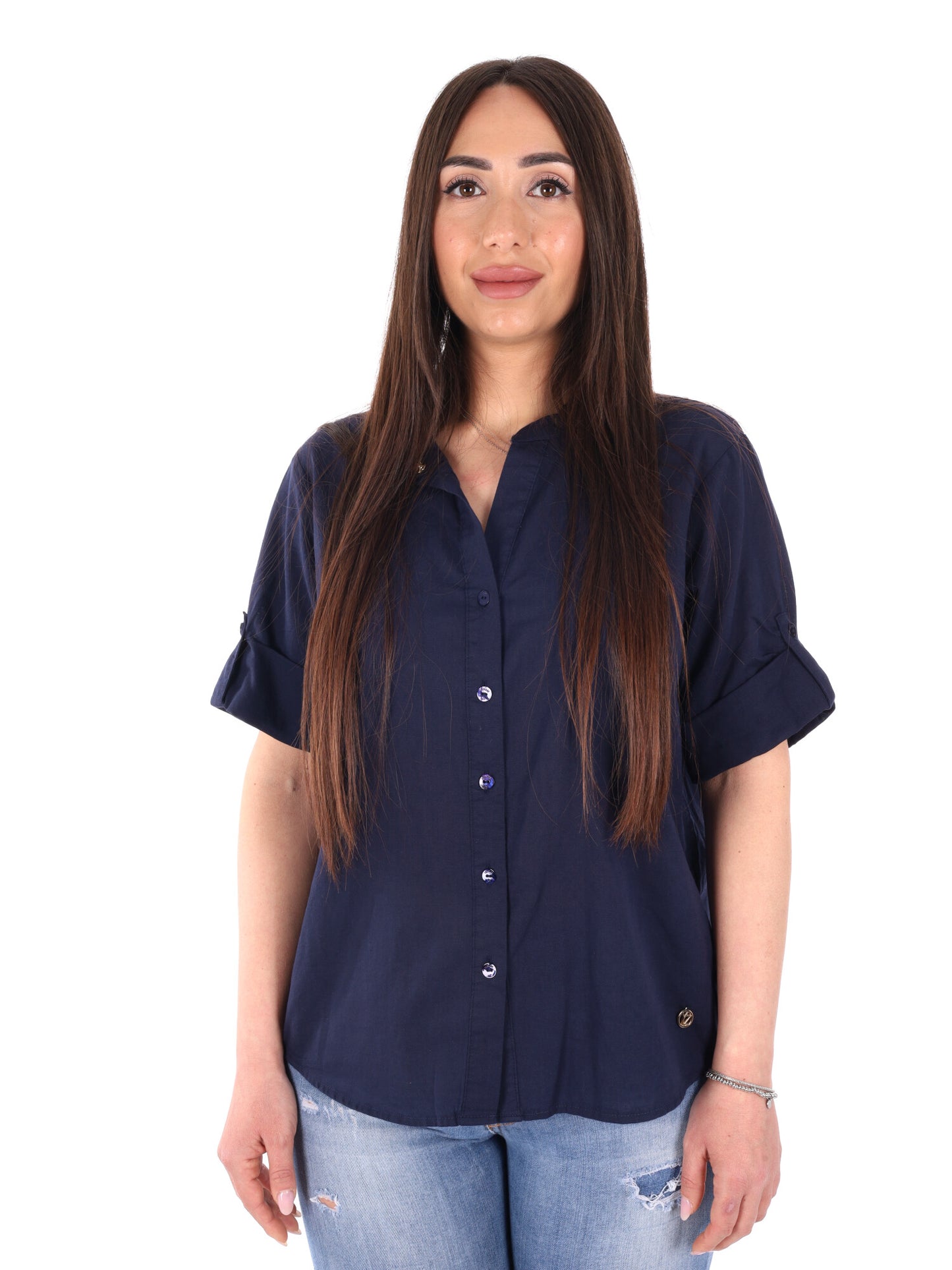 Yes-Zee camicia donna in cotone blu dal taglio loose