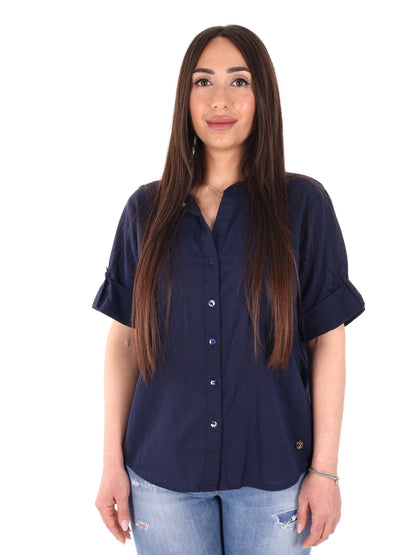 Yes-Zee camicia donna in cotone blu dal taglio loose