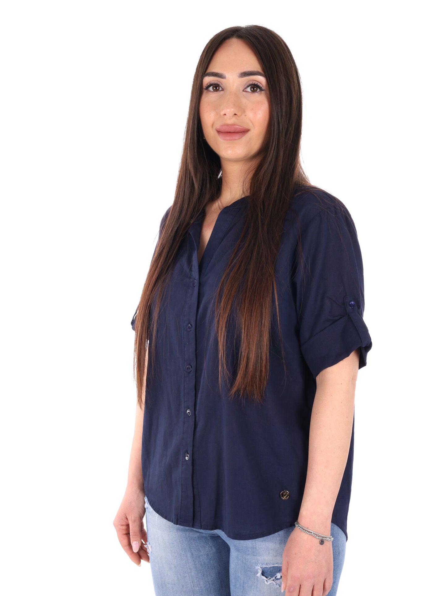 Yes-Zee camicia donna in cotone blu dal taglio loose
