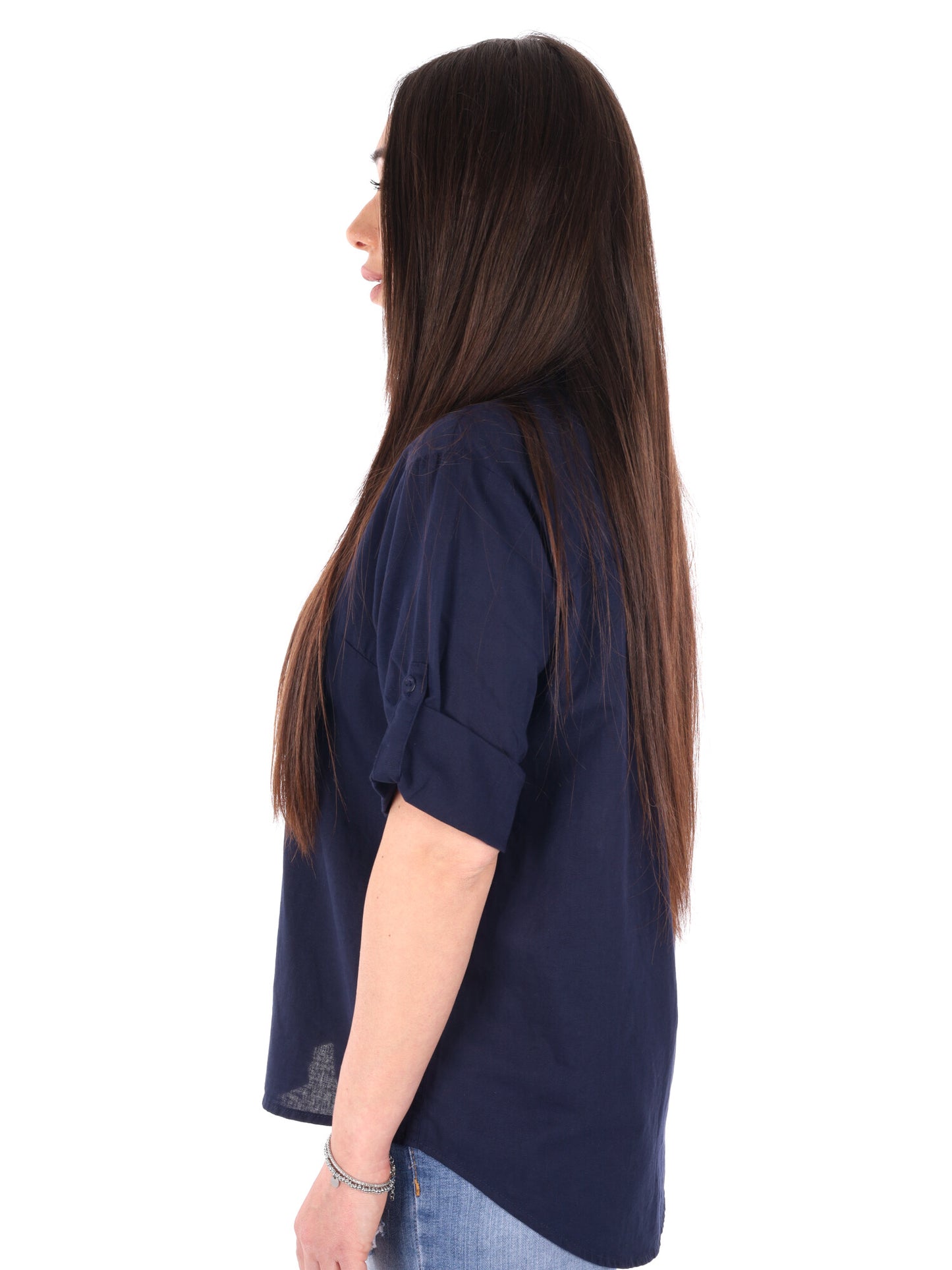 Yes-Zee camicia donna in cotone blu dal taglio loose
