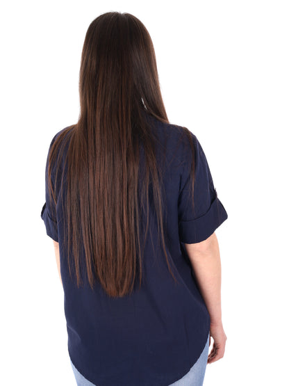 Yes-Zee camicia donna in cotone blu dal taglio loose