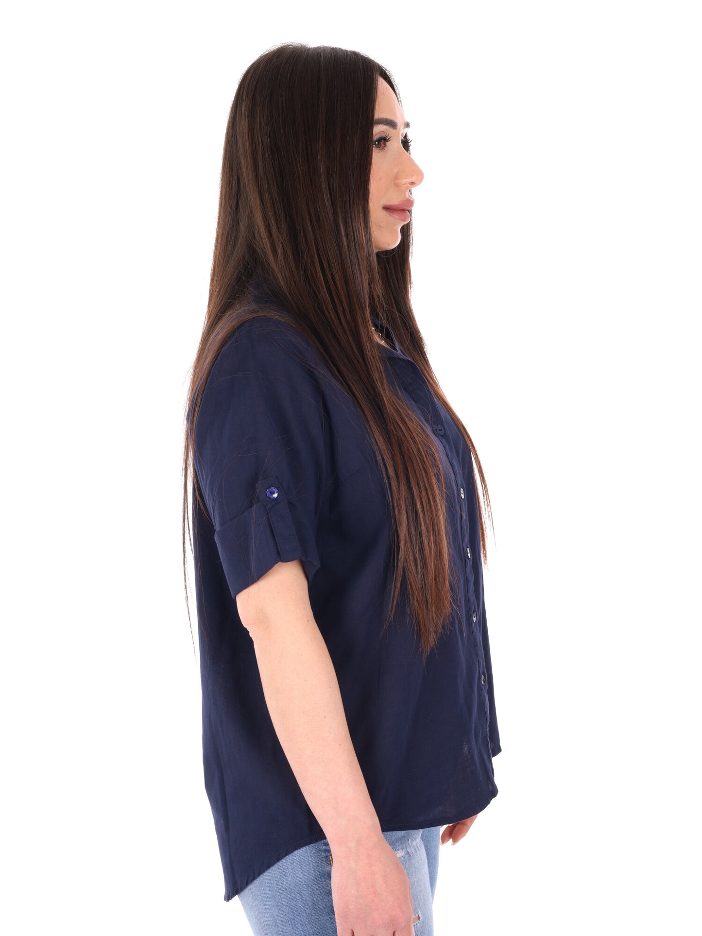 Yes-Zee camicia donna in cotone blu dal taglio loose