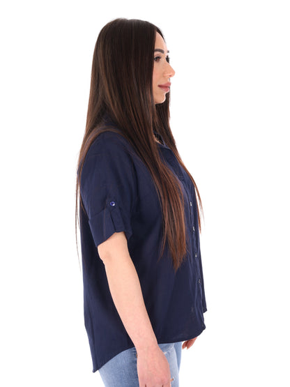 Yes-Zee camicia donna in cotone blu dal taglio loose
