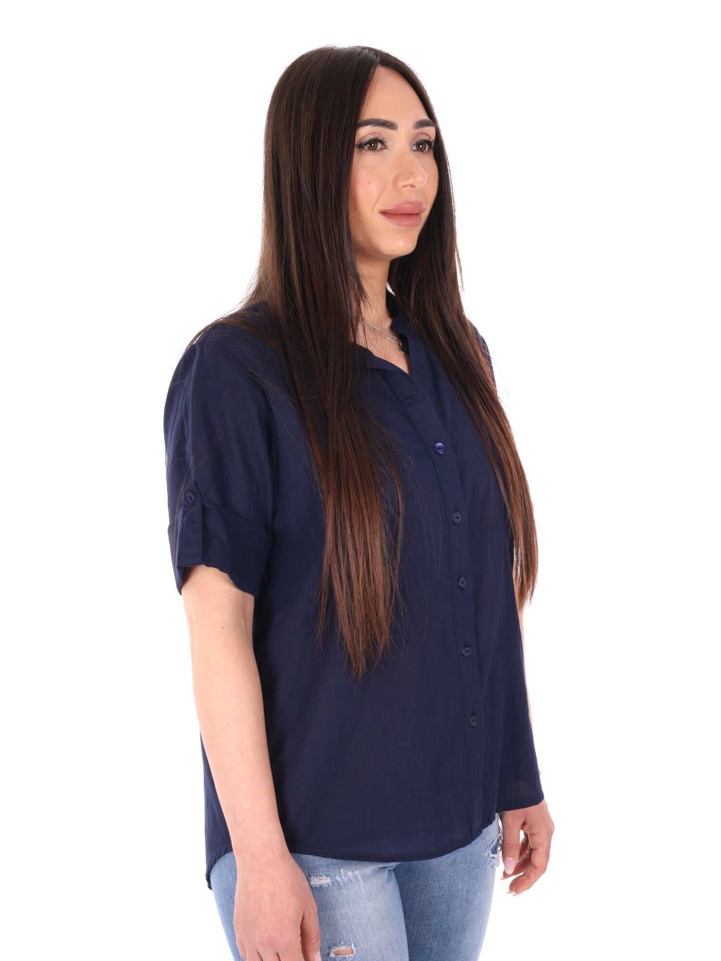 Yes-Zee camicia donna in cotone blu dal taglio loose