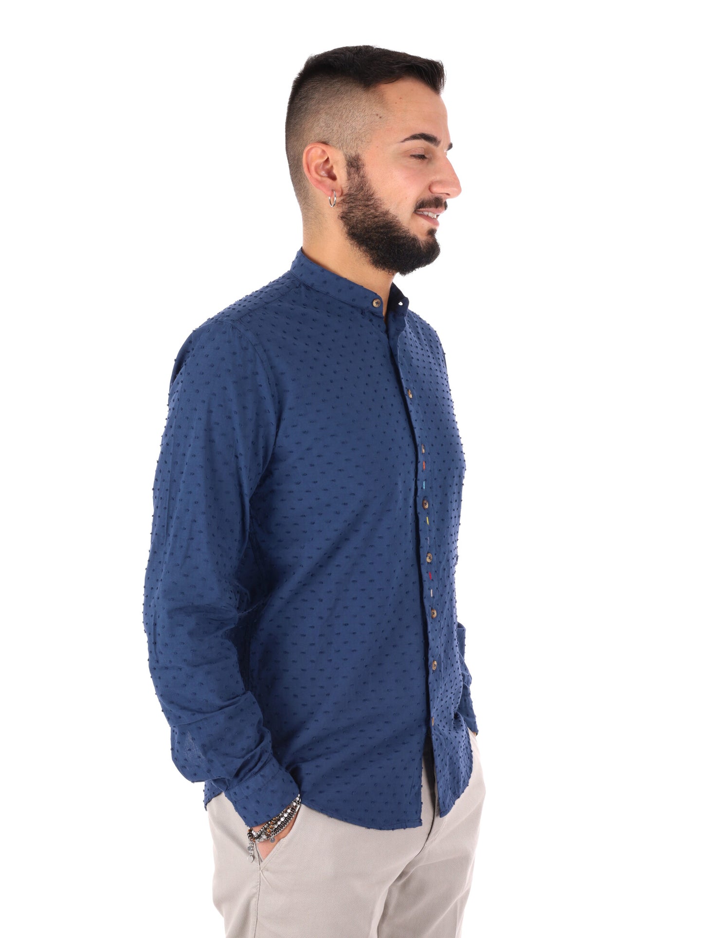 Camicia uomo FB Crippa Coreana in mussola blu per cerimonia