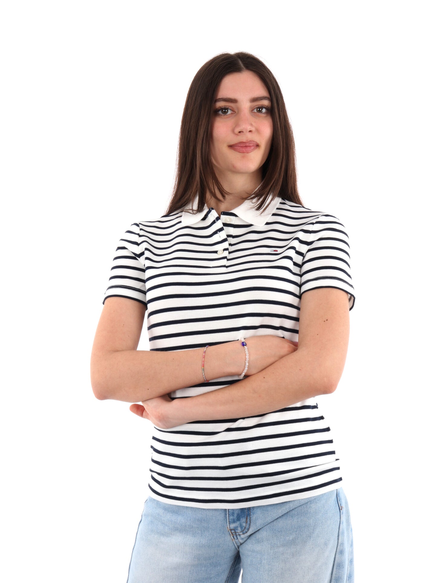 POLO SLIM ESSENTIAL TOMMY JEANS DONNA BIANCO-BLU