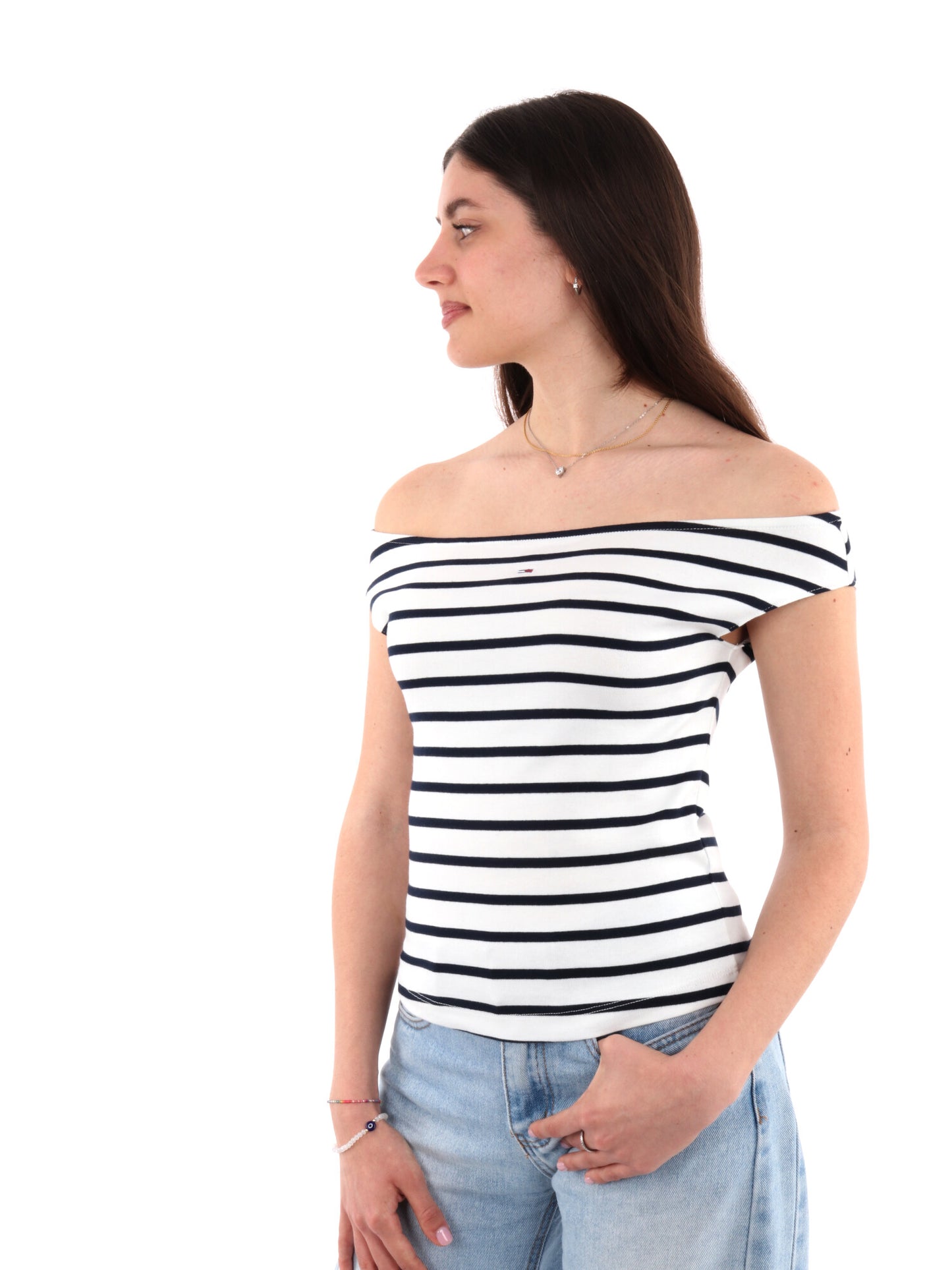 T-SHIRT SCOLLA A BARCA TOMMY JEANS DONNA BIANCO-BLU