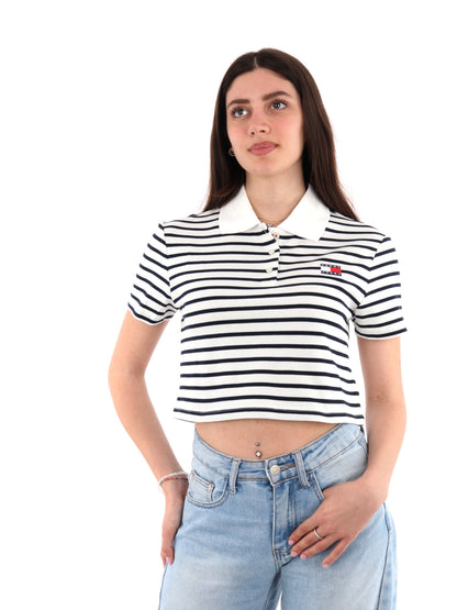 POLO CROPPED BADGE TOMMY JEANS DONNA BIANCO-BLU
