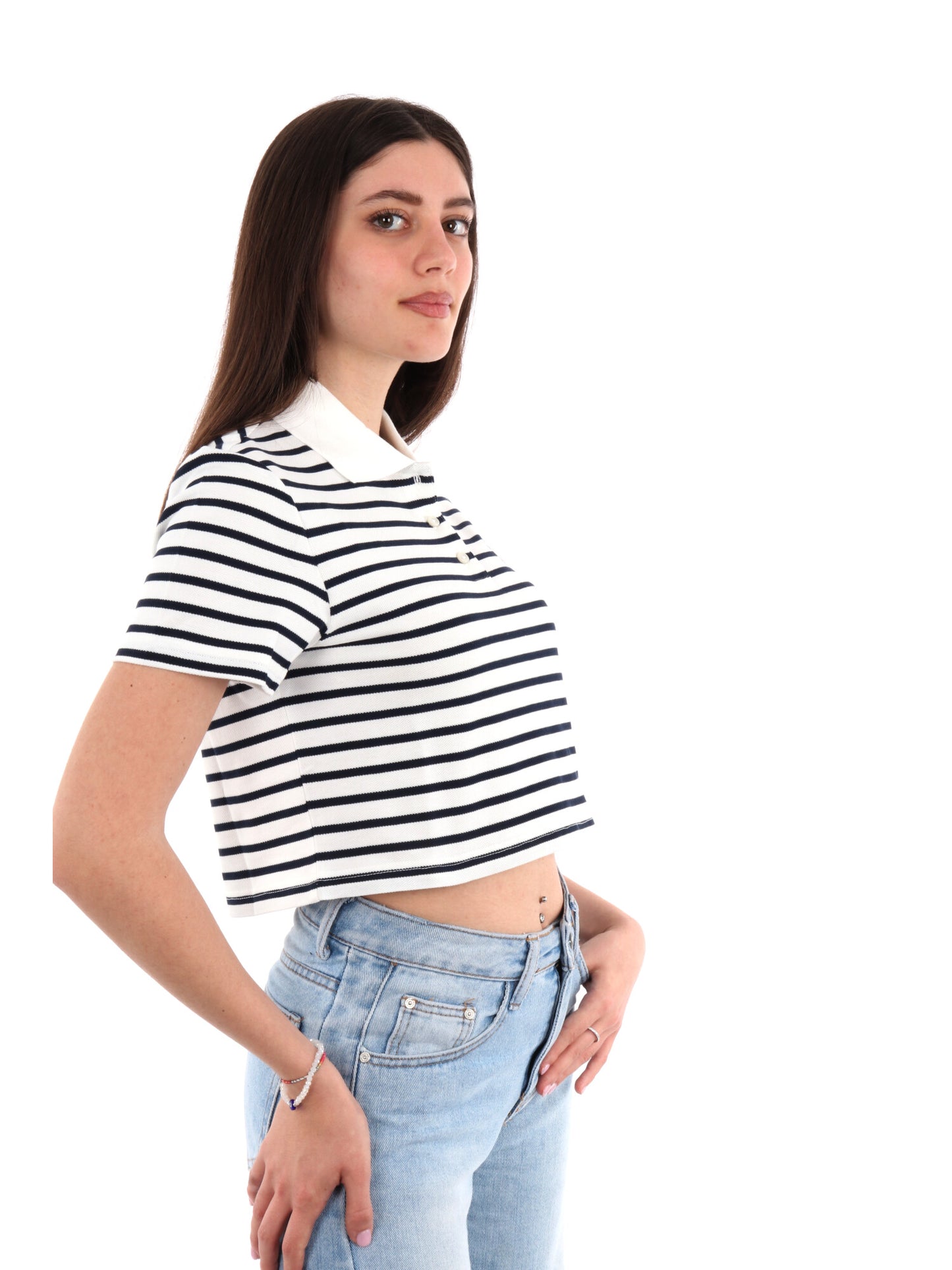 POLO CROPPED BADGE TOMMY JEANS DONNA BIANCO-BLU