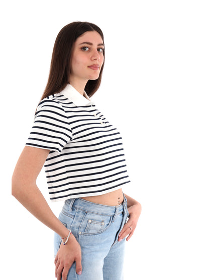 POLO CROPPED BADGE TOMMY JEANS DONNA BIANCO-BLU