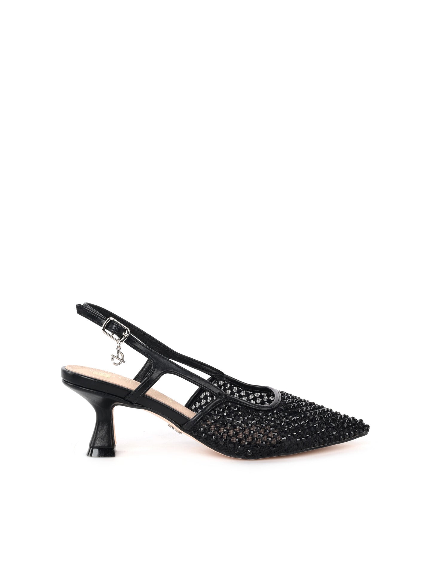 Eleganti décolleté slingback Clyo' nere con tacco a clessidra e strass