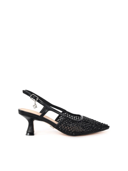 Eleganti décolleté slingback Clyo' nere con tacco a clessidra e strass