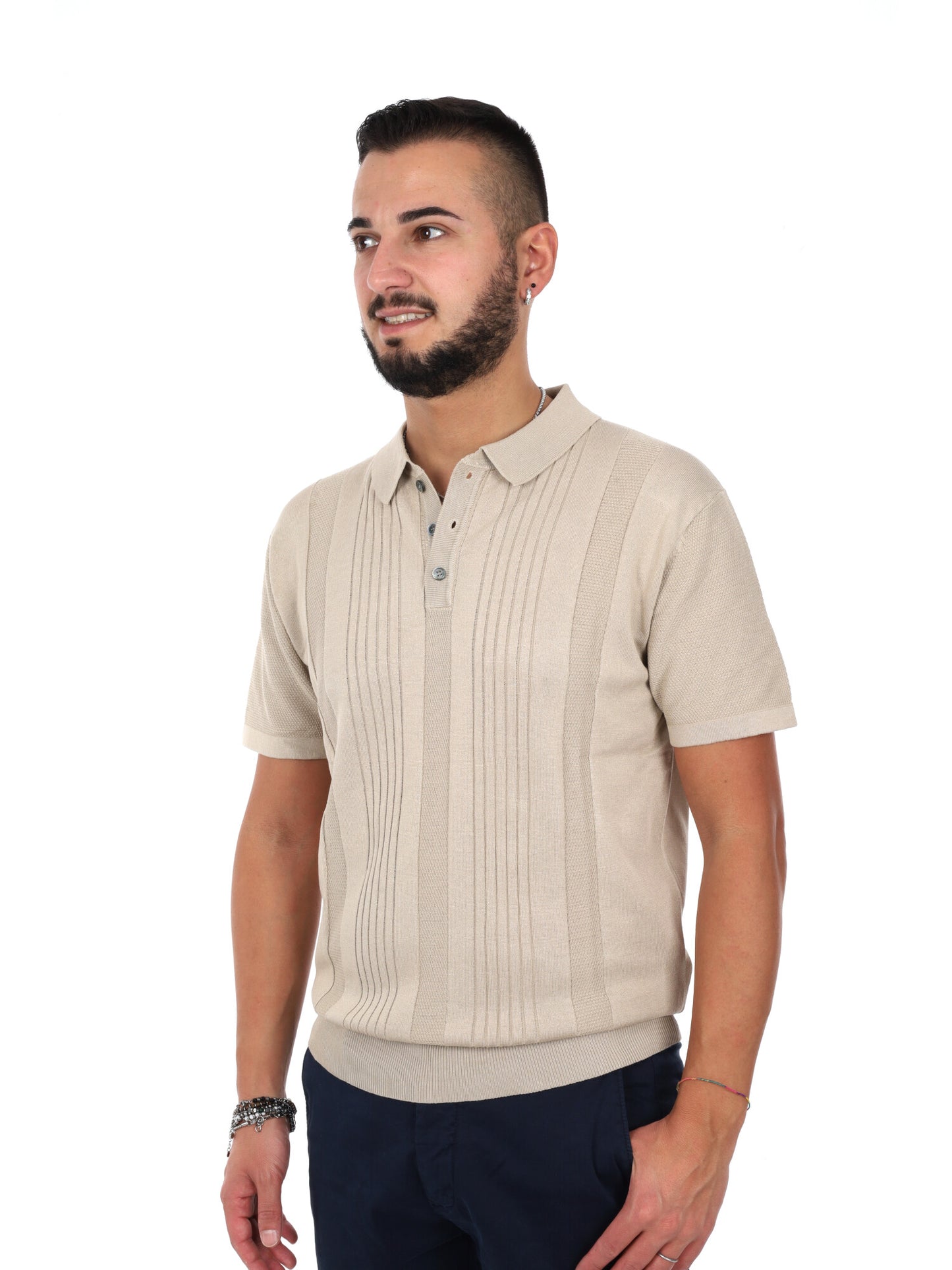Polo uomo Gianni Lupo beige in maglia lavorata elegante e traspirante