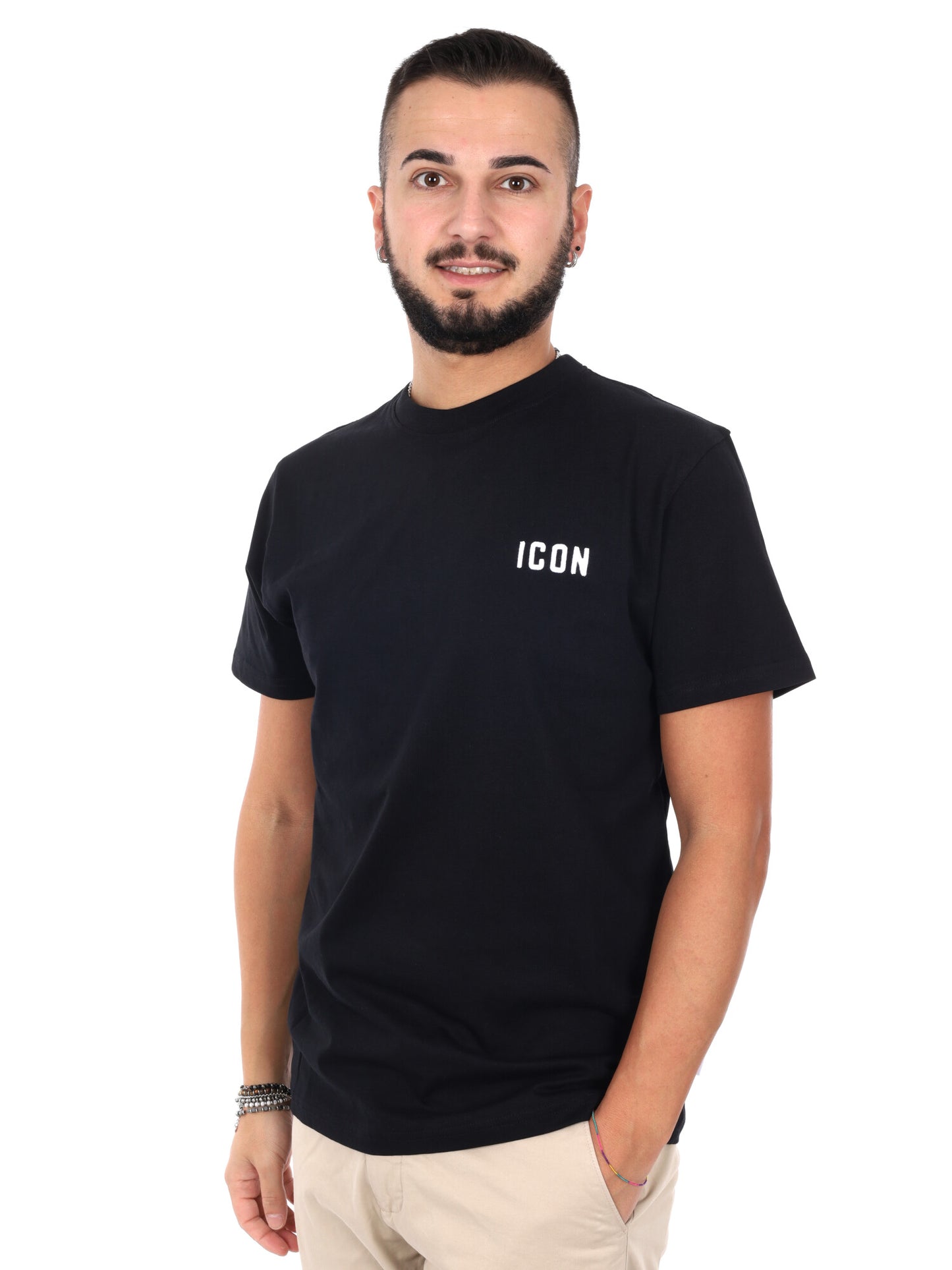 Icon, t-shirt nera da uomo con ricamo distintivo