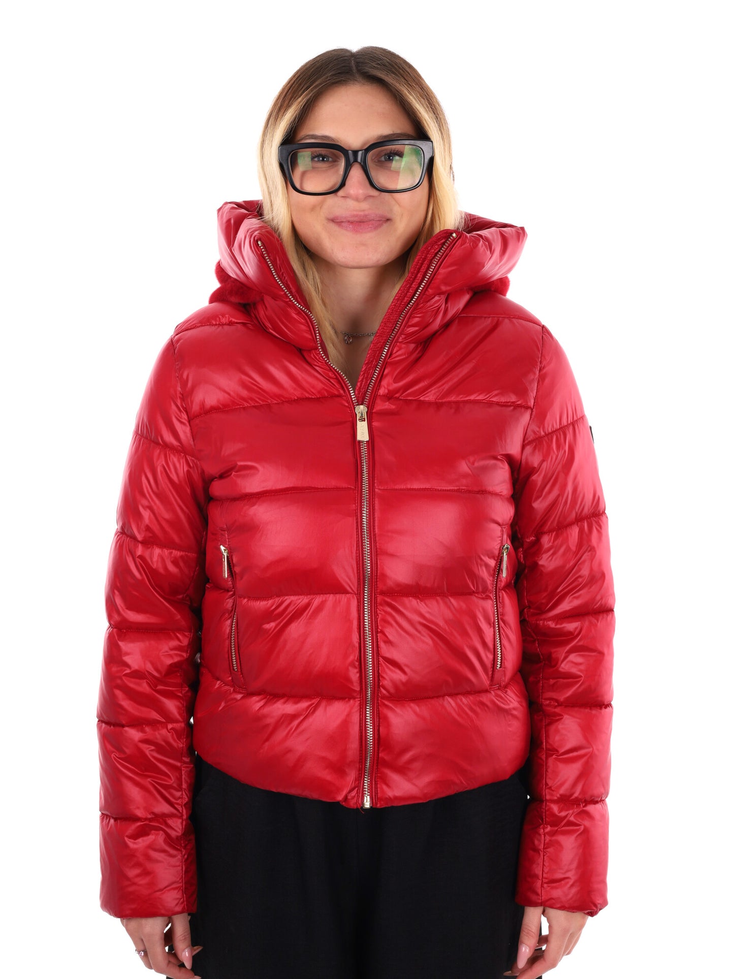 GIUBBINO CROP CON CAPPUCCIO IN PELLICCIA YES ZEE DA DONNA ROSSO