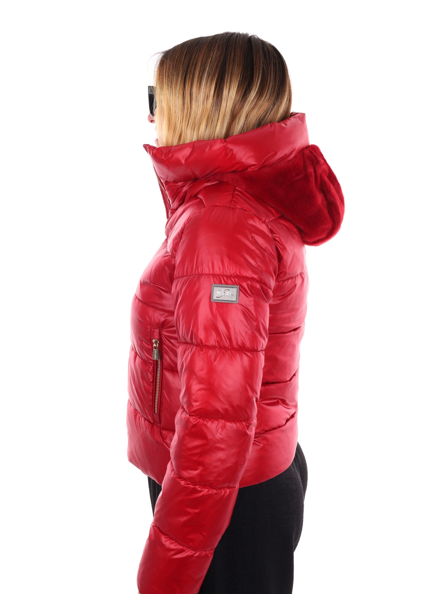 GIUBBINO CROP CON CAPPUCCIO IN PELLICCIA YES ZEE DA DONNA ROSSO