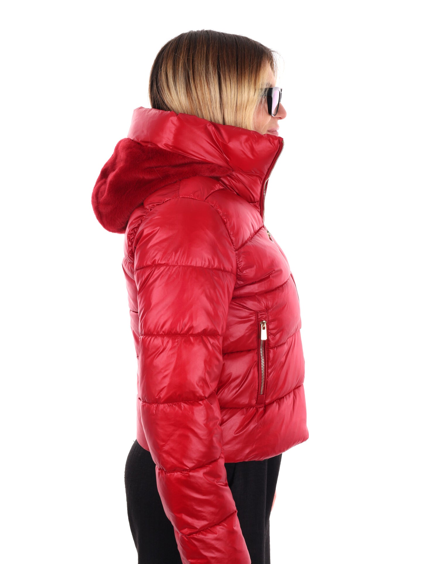 GIUBBINO CROP CON CAPPUCCIO IN PELLICCIA YES ZEE DA DONNA ROSSO