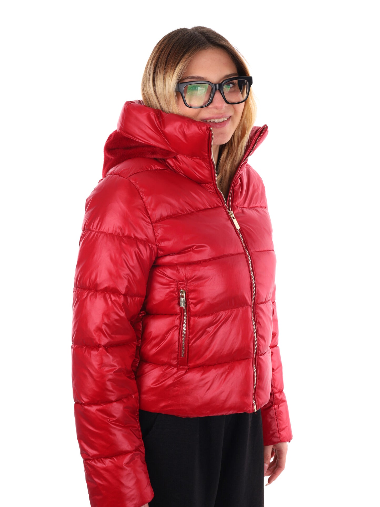 GIUBBINO CROP CON CAPPUCCIO IN PELLICCIA YES ZEE DA DONNA ROSSO