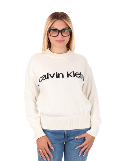 PULLOVER GIROCOLLO CON LOGO CALVIN KLEIN DA DONNA PANNA
