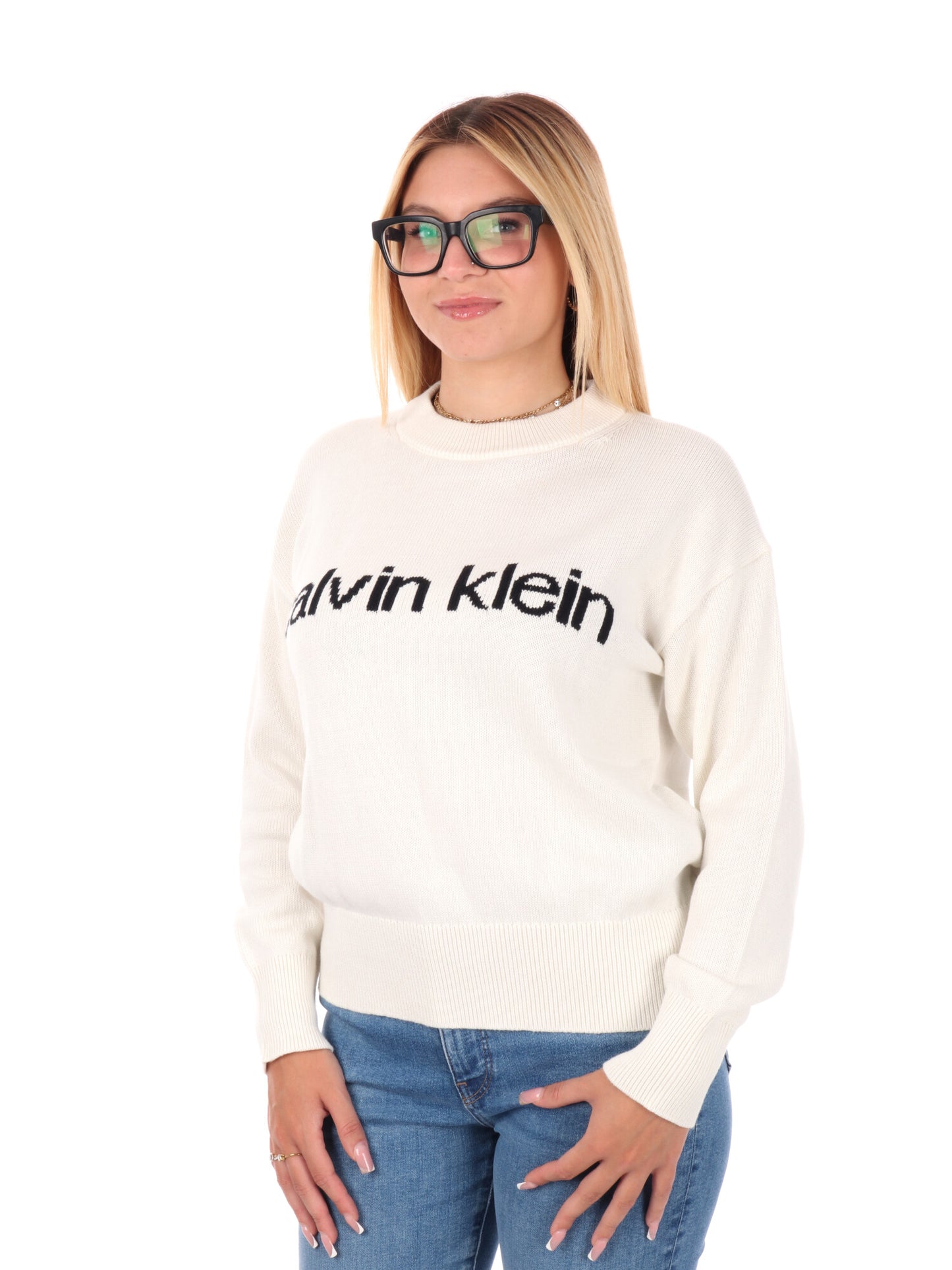 PULLOVER GIROCOLLO CON LOGO CALVIN KLEIN DA DONNA PANNA