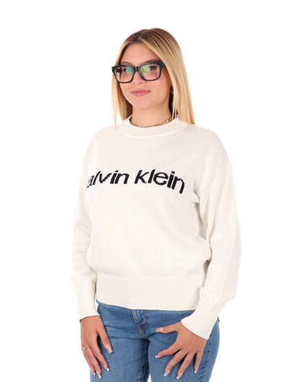 PULLOVER GIROCOLLO CON LOGO CALVIN KLEIN DA DONNA PANNA