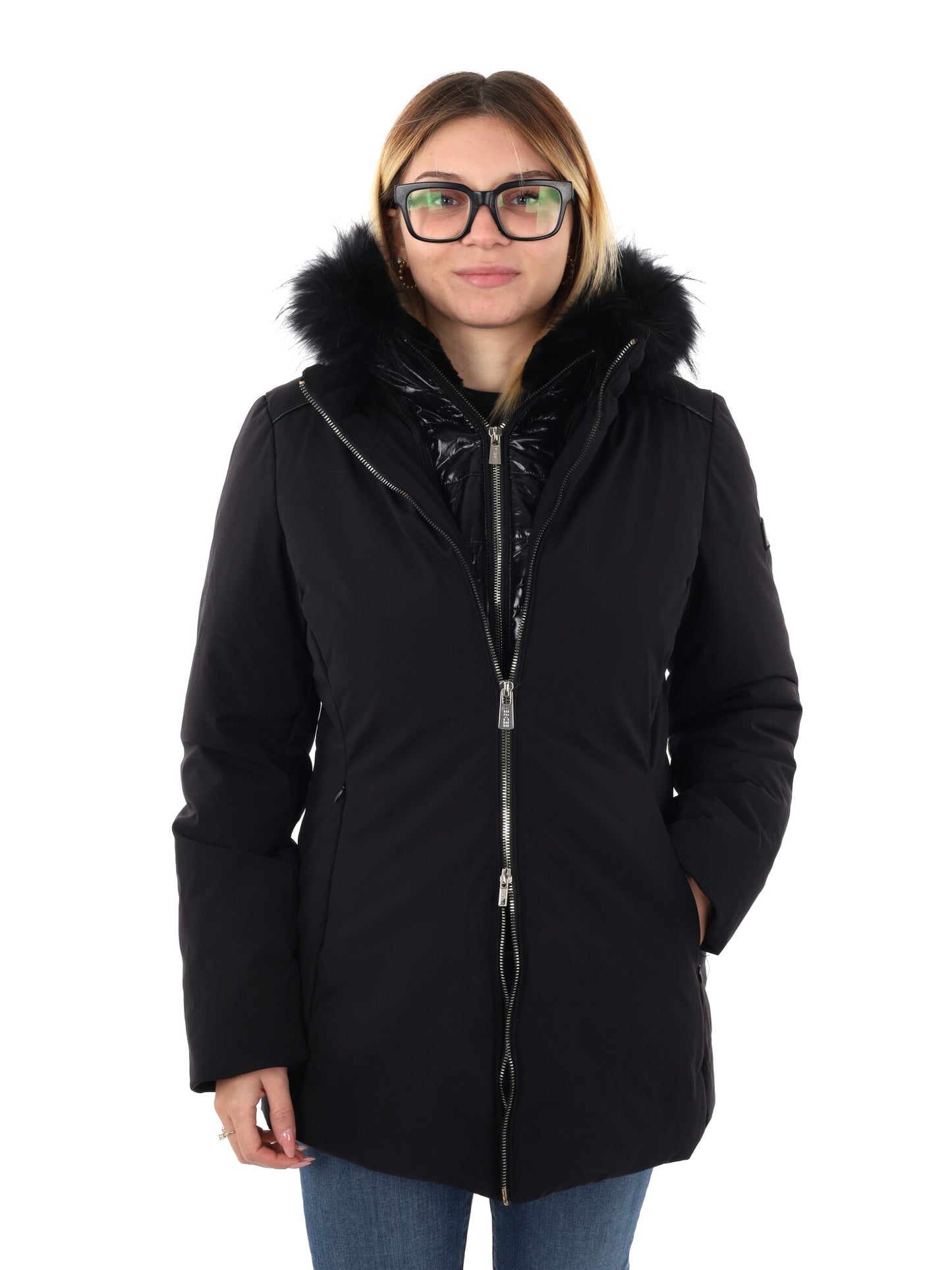 GIACCONE CON CAPPUCCIO E FINTO GILET YES ZEE DA DONNA NERO