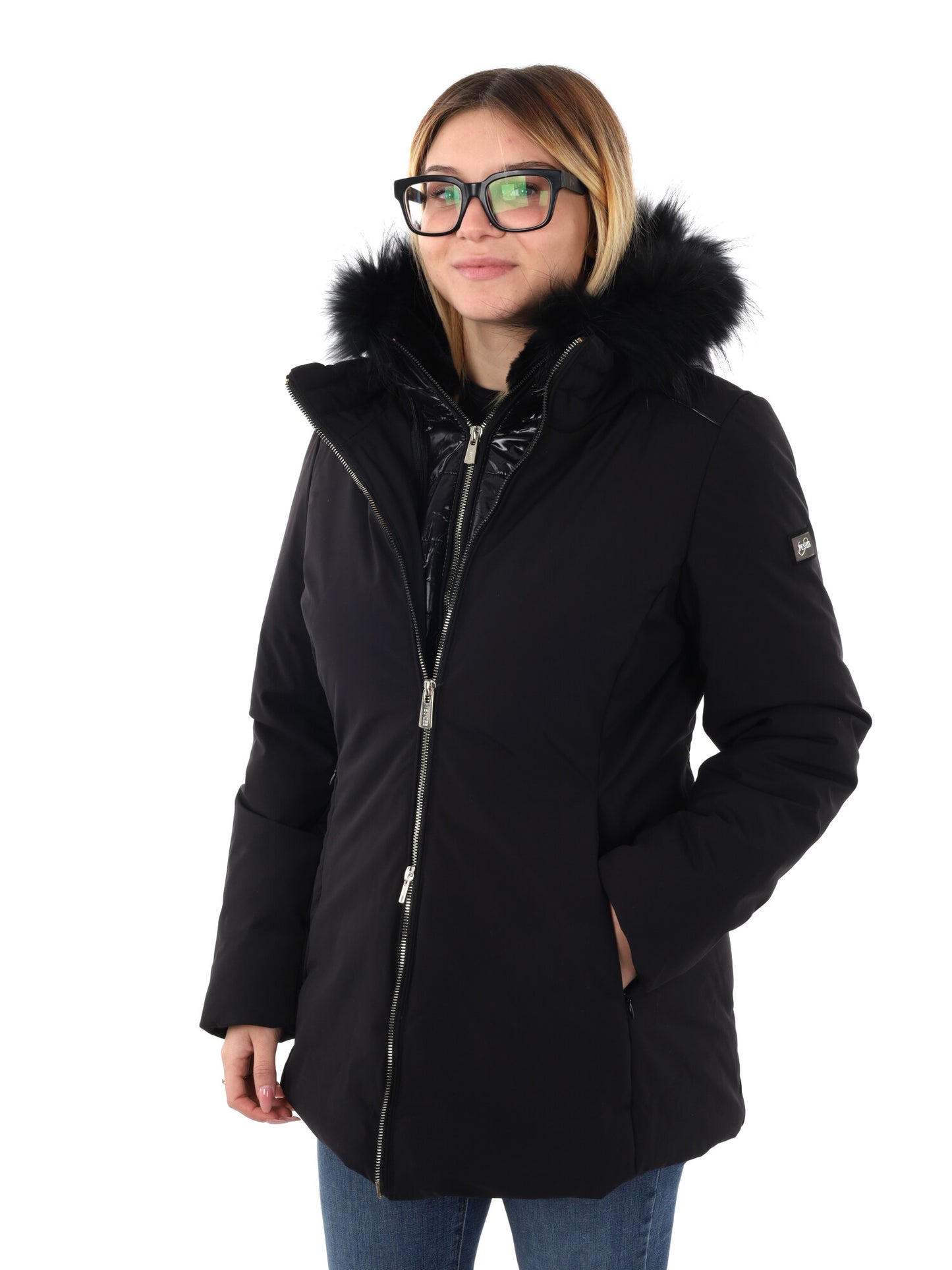 GIACCONE CON CAPPUCCIO E FINTO GILET YES ZEE DA DONNA NERO