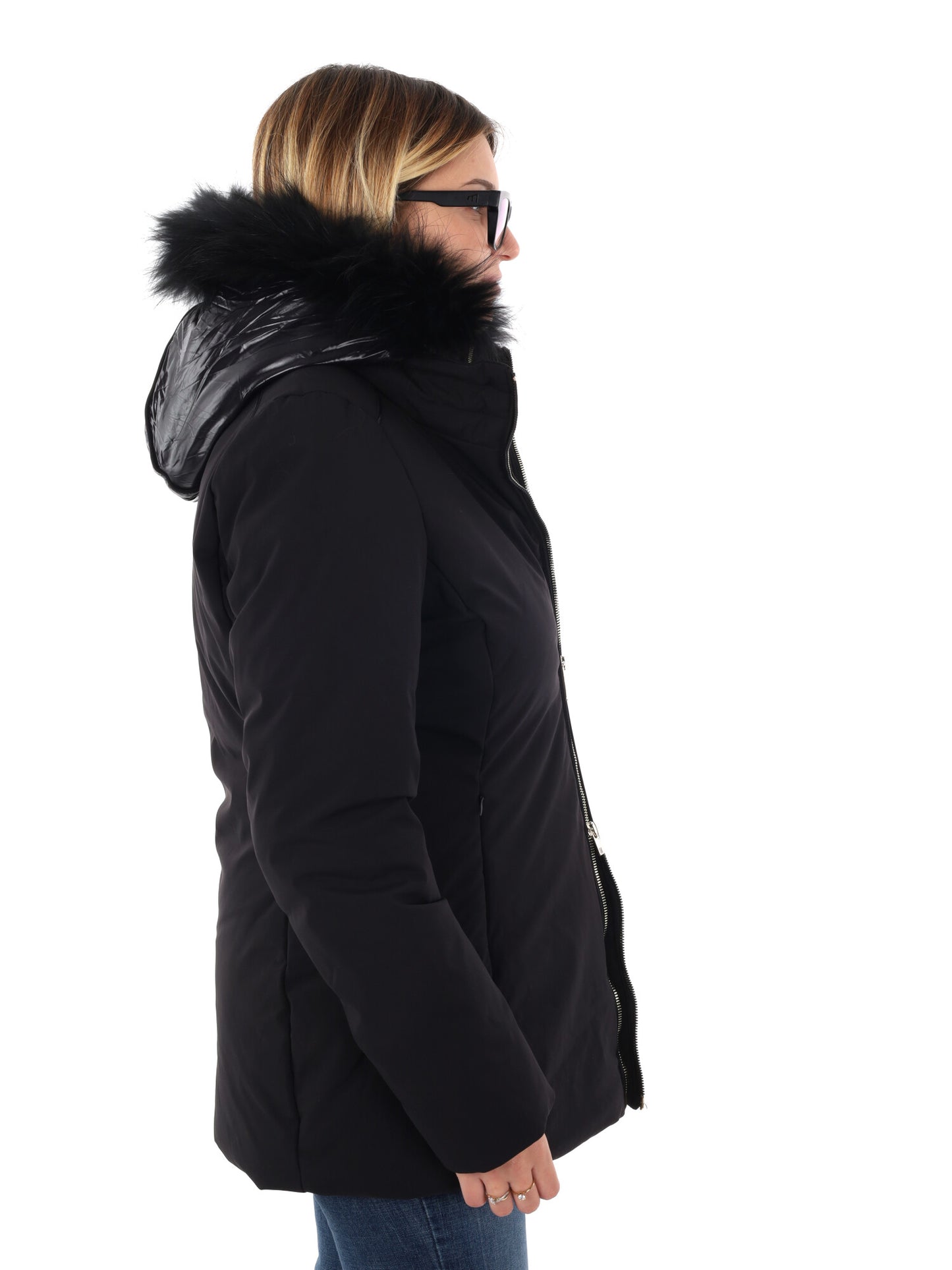 GIACCONE CON CAPPUCCIO E FINTO GILET YES ZEE DA DONNA NERO