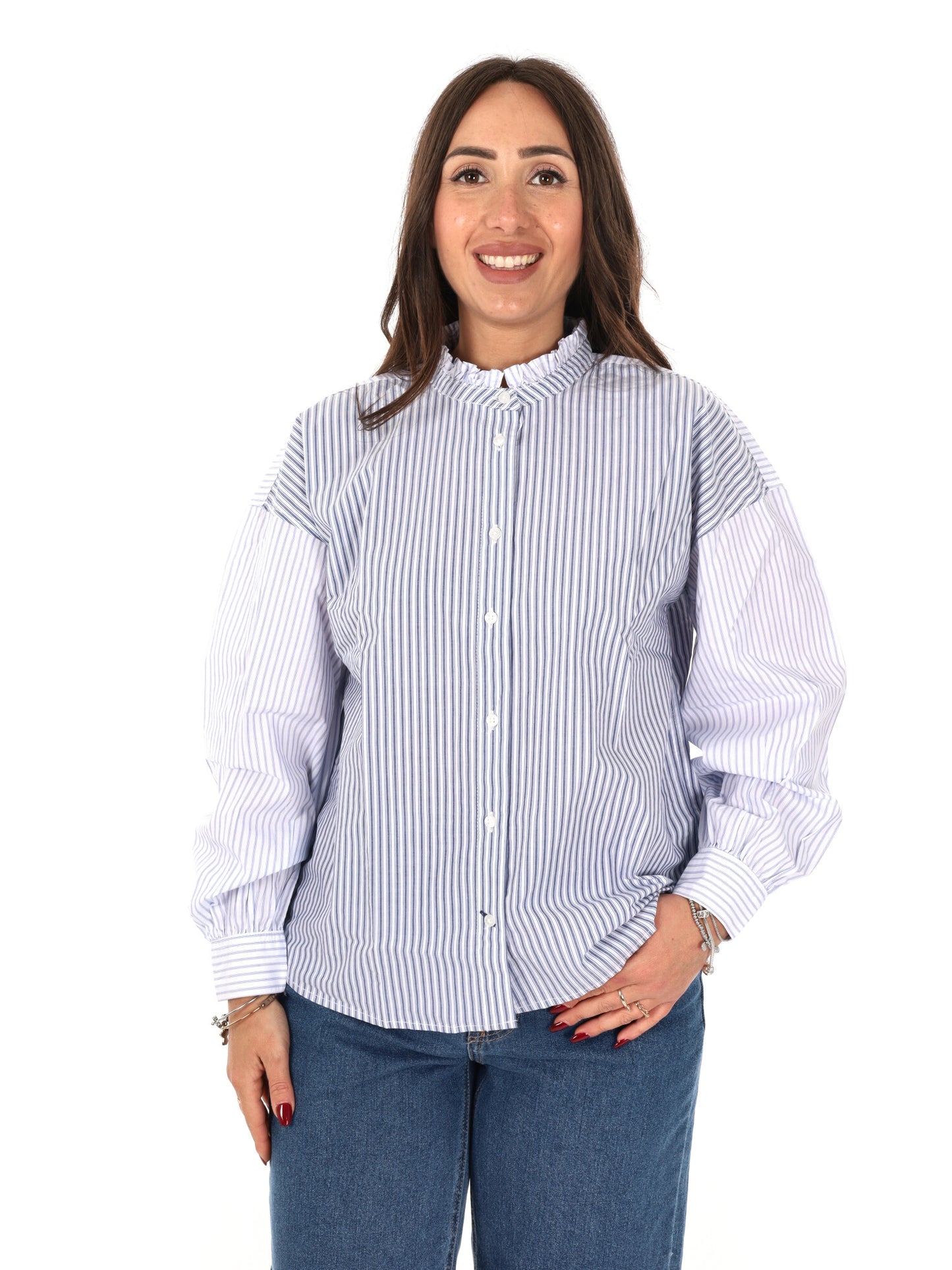 Pepe Jeans Aper, camicia unisex adulto azzurra a righe con volant
