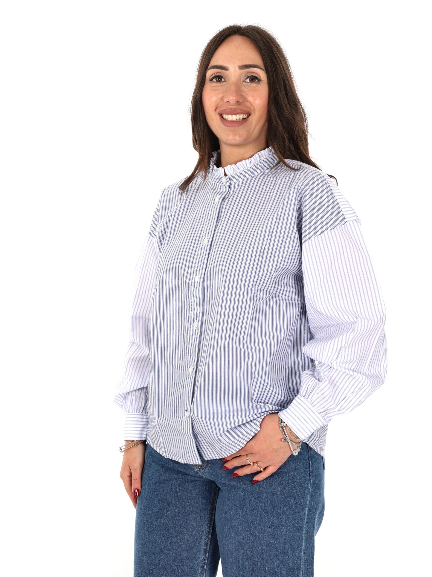 Pepe Jeans Aper, camicia unisex adulto azzurra a righe con volant