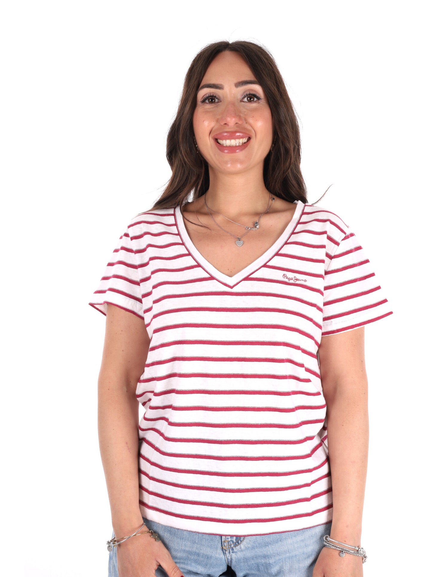 Pepe Jeans Megan V, t-shirt donna bianca con scollo a V e dettagli lurex