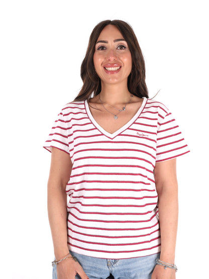 Pepe Jeans Megan V, t-shirt donna bianca con scollo a V e dettagli lurex