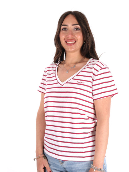 Pepe Jeans Megan V, t-shirt donna bianca con scollo a V e dettagli lurex