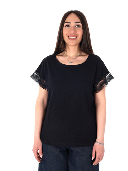 Pepe Jeans Nain, t-shirt donna nera in cotone a maniche corte