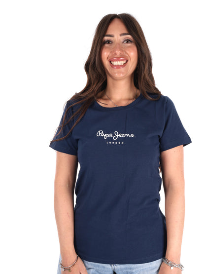 Pepe Jeans New Virginia, t-shirt slim donna blu con logo