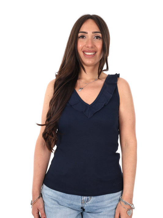 Pepe Jeans Millie, canotta unisex blu a coste con scollo a V