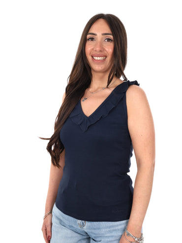 Pepe Jeans Millie, canotta unisex blu a coste con scollo a V