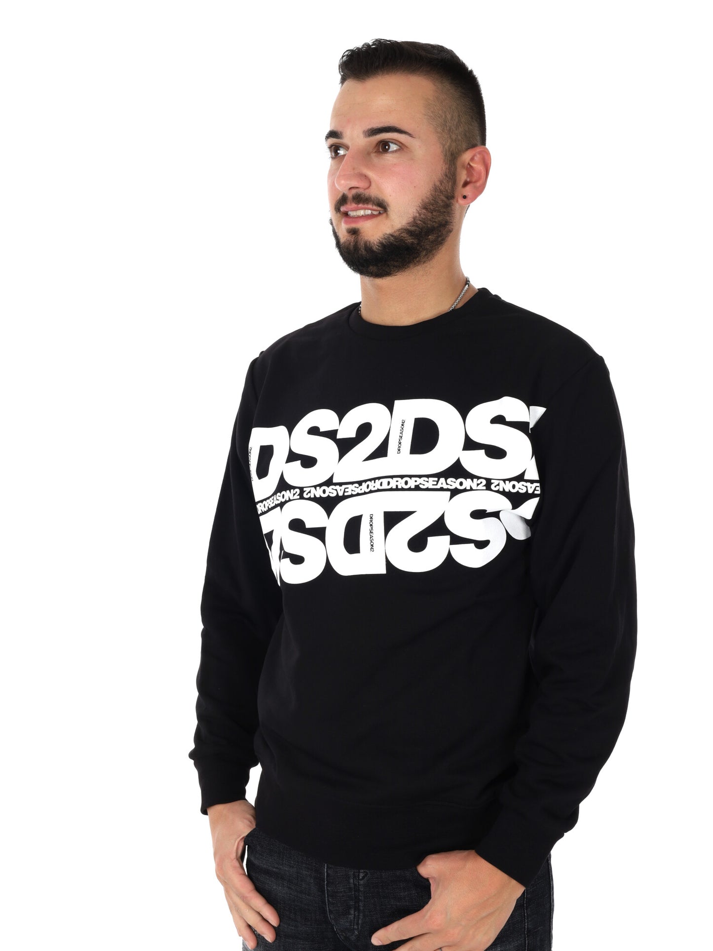 Ds2 felpa girocollo da uomo in cotone nero con maxi logo