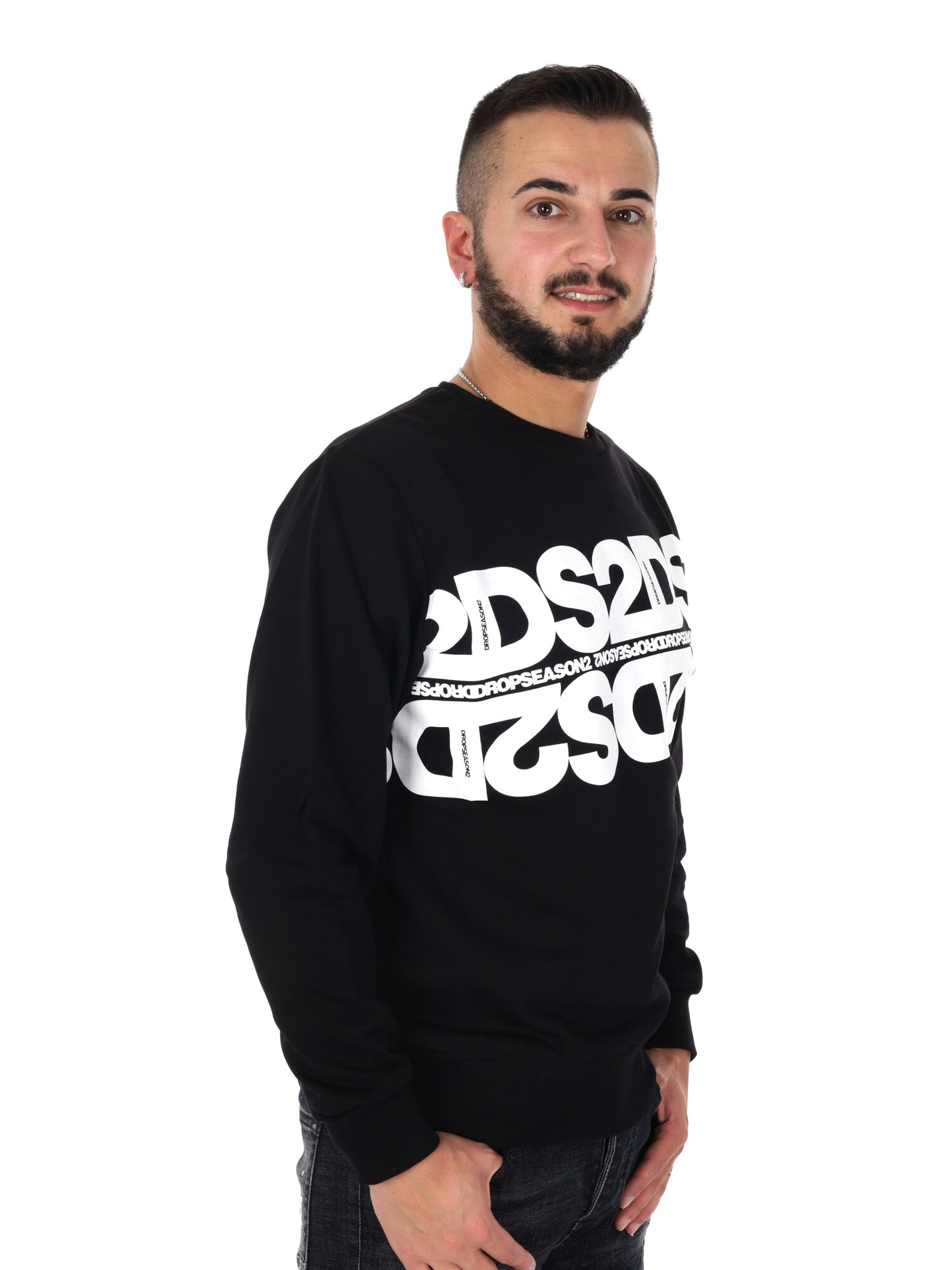 Ds2 felpa girocollo da uomo in cotone nero con maxi logo
