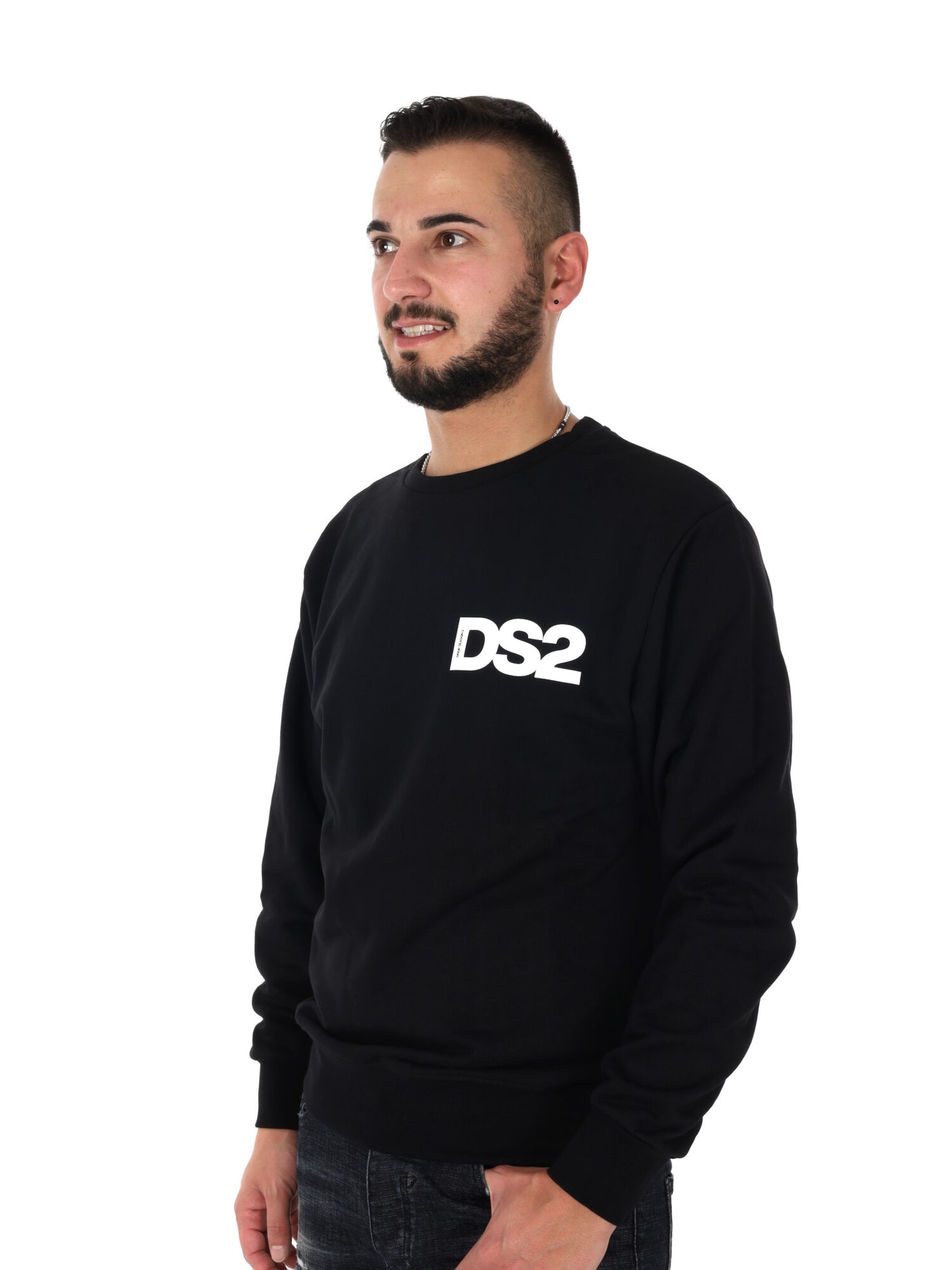 Felpa girocollo da uomo DS2 in cotone nera con logo stampato