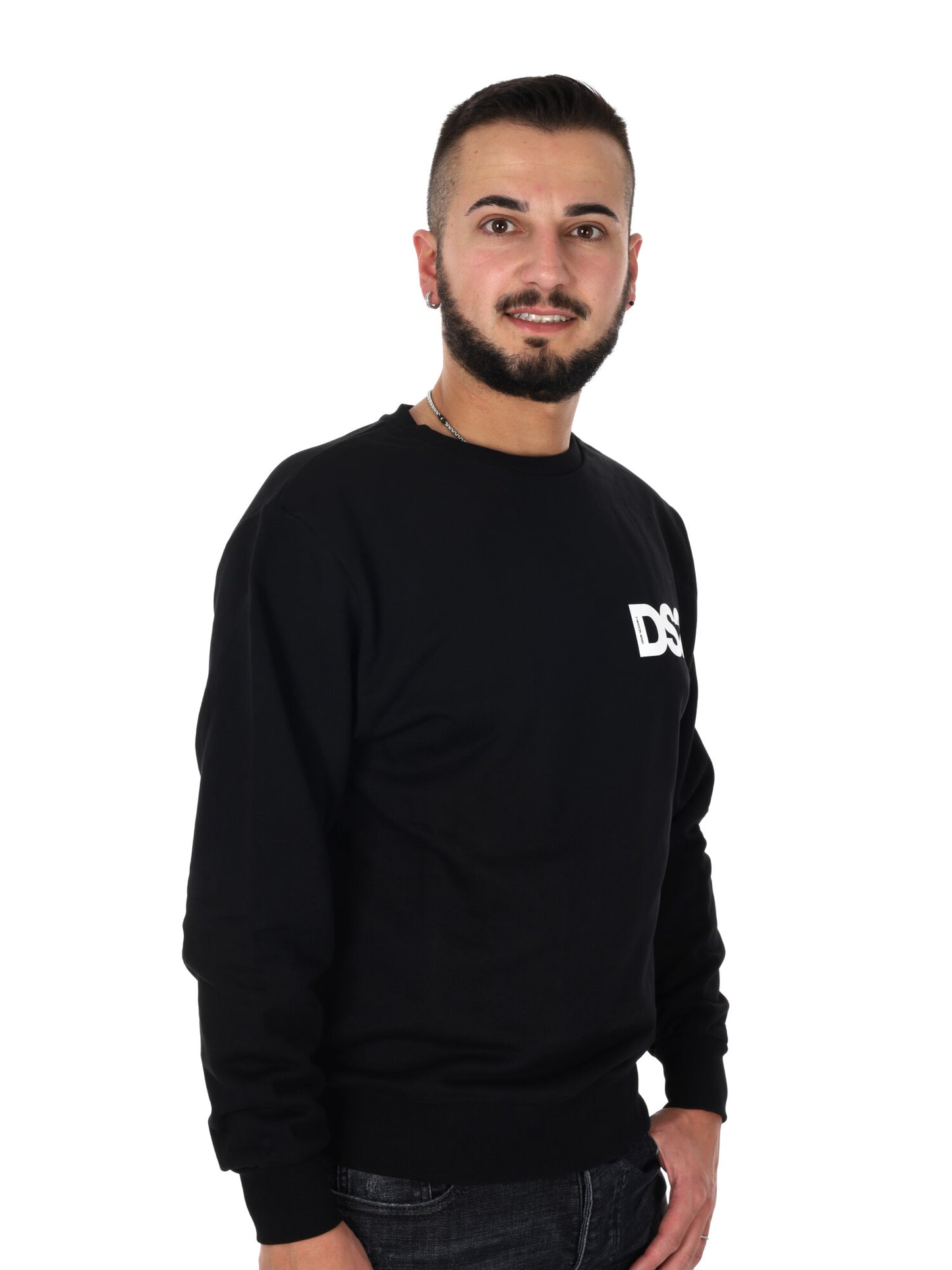 Felpa girocollo da uomo DS2 in cotone nera con logo stampato