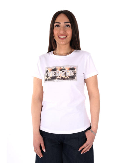 Yes-Zee T-shirt donna a maniche corte bianca con applicazioni