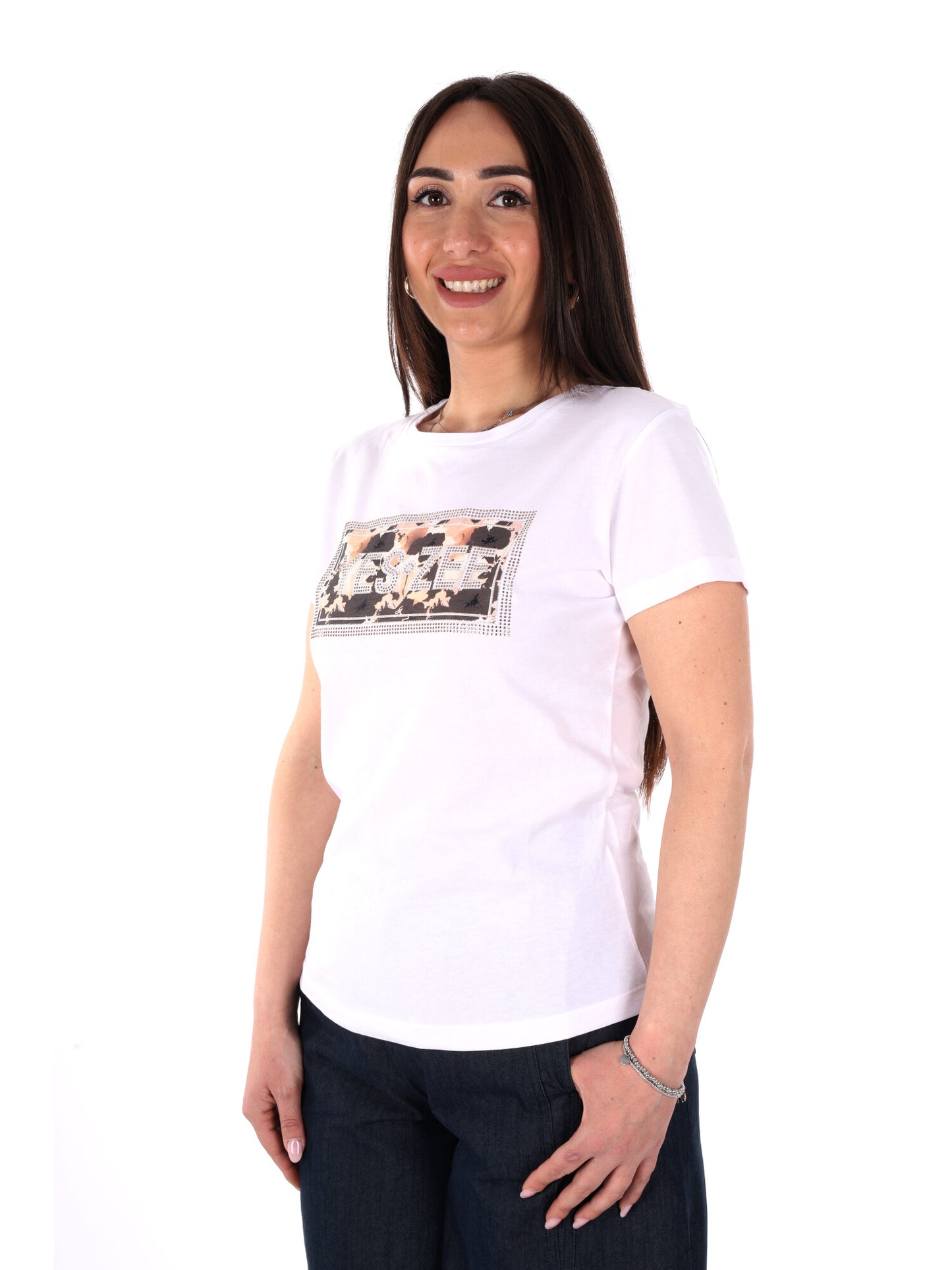 Yes-Zee T-shirt donna a maniche corte bianca con applicazioni